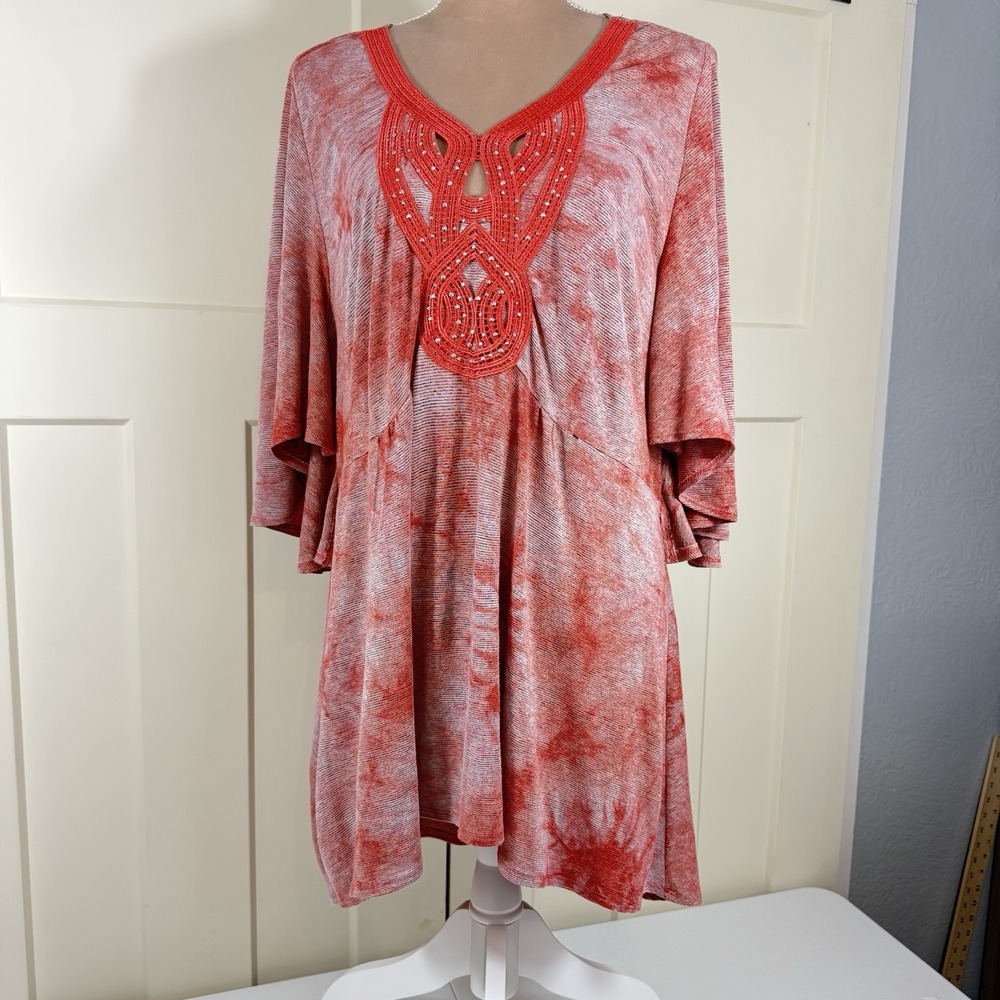 One World  Women's XL Bejeweled Top Coral Orange V Neck Blouse Boho Hippie Artsy
